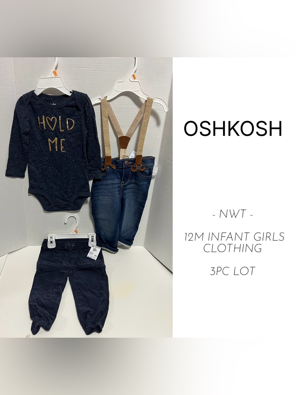 OSHKOSH - 12M - NWT - INFANT GIRLS 3PC ONESIE PANT AND DENIM SUSPENDER LOT